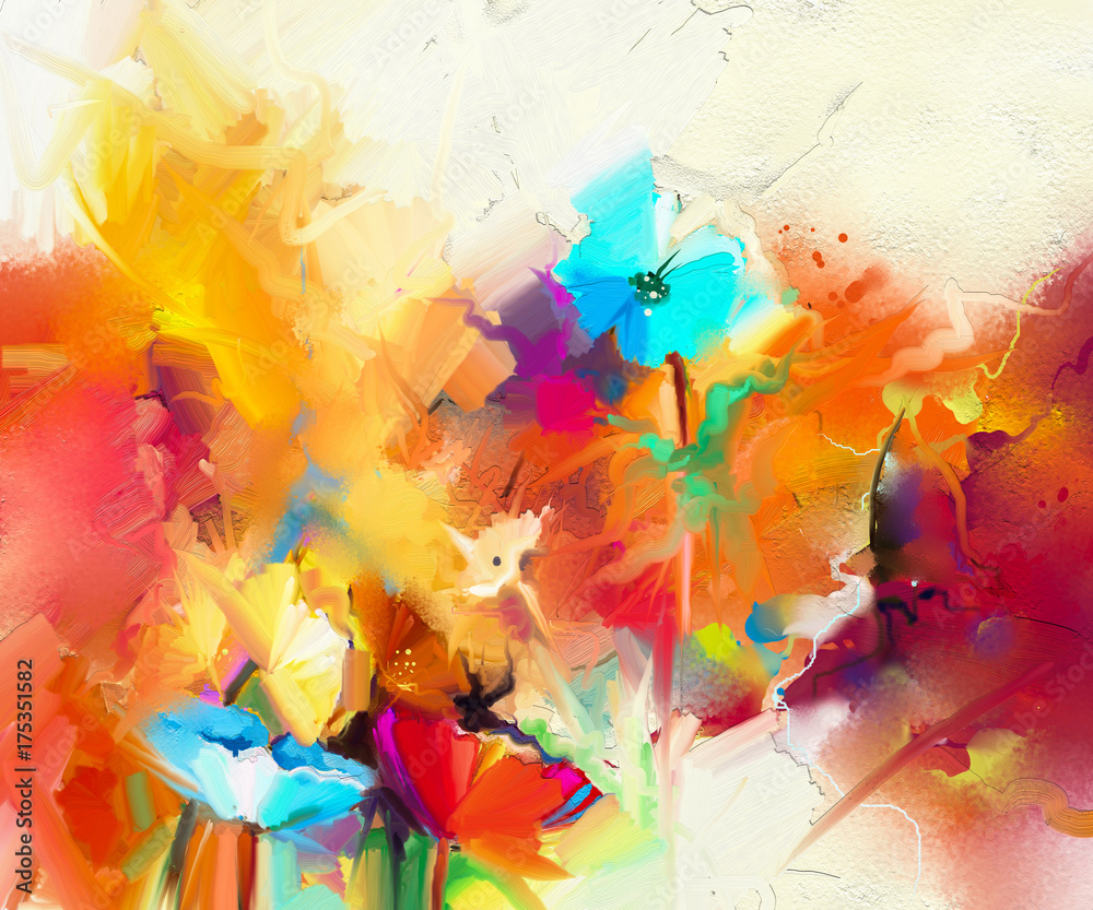 Abstract colorful oil painting on canvas. Semi- abstract image of flowers, in yellow and red with blue color. Hand drawn brush stroke, oil color paintings. Modern art oil paintings for background - obrazy, fototapety, plakaty 
