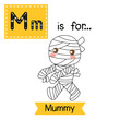 Cute children ABC alphabet M letter tracing flashcard of walking Mummy for kids learning English vocabulary in Happy Halloween Day theme.
