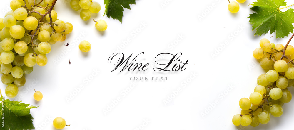 wine list background; sweet white grapes and leaf - obrazy, fototapety, plakaty 