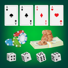 Sticker - Poker Design Elements Vector. Chips, Money Stacks, Playing Gambling Cards. Royal Fortune Club Concept. Illustration