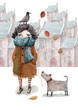 A watercolor illustration of a walking girl with her little dog and a crown - they are the best friends forever. It's autumn in the town and leaves are falling.