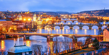Classic View Of Prague At Twilight, Panorama Of Bridges On Vltava, View From Above, Beautiful Bridges Vista. Winter Scenery. Prague Is Famous And Extremely Popular Travel Destination. Czech Republic.