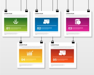 Vector illustration. Infographic pattern on a suspended sheet of paper. 3d style with three steps. Used for business presentations, education, web design. Place for text and icons