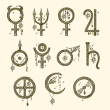 Symbols Of The Planets. Beautiful Boho Set, Eleven Elements. Vintage. Vector Illustration.