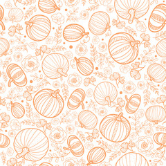 Wall Mural - Vector orange falling pumpkins seamless repeat pattern background. Great for fall themed designs, invitation, fabric, packaging projects.