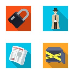 Coded lock, the appearance of the detective, a newspaper with criminal news, a hacked safe. Crime and detective set collection icons in flat style vector symbol stock illustration web.