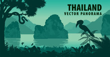 Vector Panorama Of Thailand With Great Hornbill And Python Near Jungle Beach
