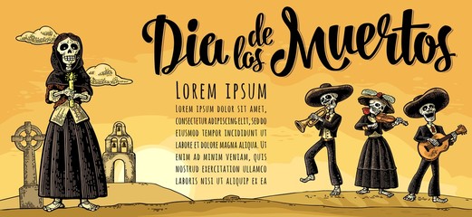 skeletonmexican costumes holding candle and play the guitar, violin, trumpet.