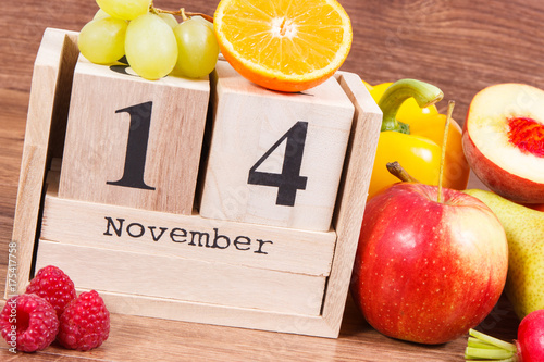 Zdjęcie XXL Data 14 listopada w kalendarzu i owoce z warzywami, światowy dzień koncepcji cukrzycy