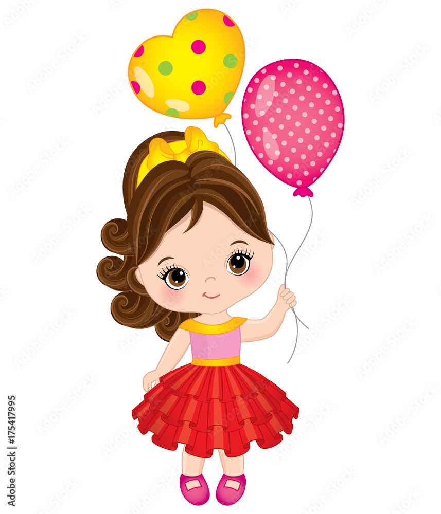 Vector Cute Little Girl with Balloons Stock Vector | Adobe Stock