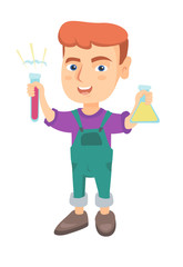 Wall Mural - Little caucasian boy holding test tube and beaker with chemical reagents. Full length of happy boy with flask and test tube in hands. Vector sketch cartoon illustration isolated on white background.