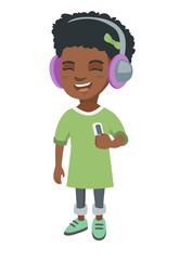 Poster - African-american girl enjoying music in headphones. Little girl in earphones listening to music with a music player. Vector sketch cartoon illustration isolated on white background.