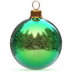 Wall Mural - Christmas ball green closeup decoration polished bauble Happy New Year's Eve hanging adornment traditional Merry Xmas wintertime ornament excellent. 3d rendering illustration