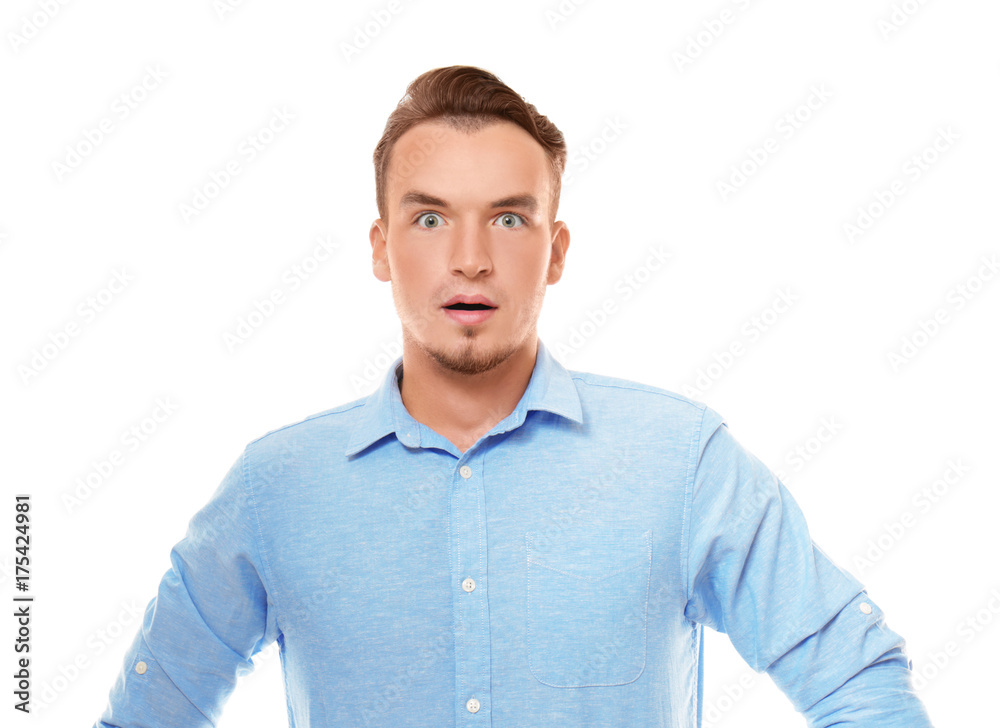 Portrait of emotional man on white background