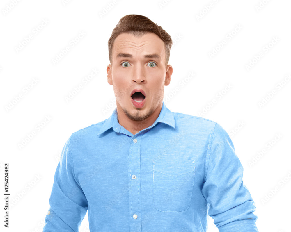 Portrait of emotional man on white background