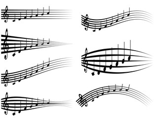 Poster - Set musical staff, various musical notes on stave, vector illustration distortion of the notes with the treble clef, to sound design studios or logo