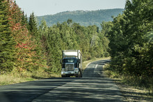 Semi Truck On Highway Deep Forest In Canada Ontario Quebec