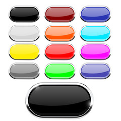 Glass buttons. Colored collection of oval 3d icons with metal frame