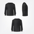 Black jumper with crew neck and long sleeve in three sides view realistic vector set isolated on white background. Modern unisex casual cloth template for fashion concept, clothing store advertising