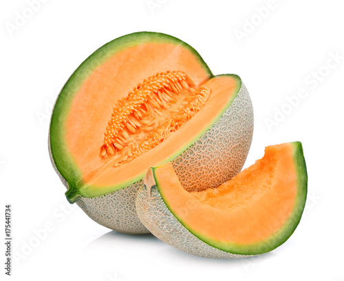 Cuadros en Lienzo slice of japanese melons, orange melon or cantaloupe melon with seeds isolated o