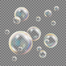 Transparent Soap Bubbles Vector. Colorful Falling Soap Bubbles. Isolated Illustration