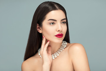 Beauty Fashion girl Glamour portrait, Long smooth brunette black hair,Holiday make up,red lips,bijouterie,jewelry