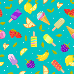 Poster - Seamless ice cream pattern. Colorful cartoon background with fruit and ice cream