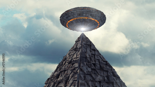 Plakat 3d rendering. Futurystyczny niezidentyfikowany obiekt latający i piramidy