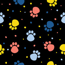 Abstract Dog Paw Seamless Pattern Background. Childish Simple Hand Drawn Art