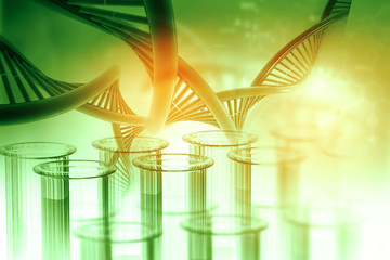 Wall Mural - Test tube with DNA on abstract background. 3d illustration .