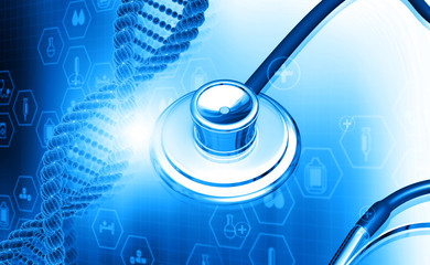 Wall Mural - 3d DNA with stethoscope on science background .