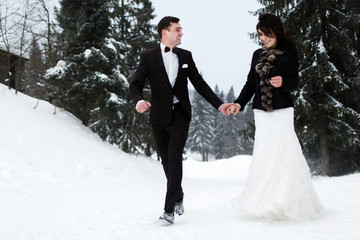 Wall Mural - Wedding winter, bride and groom walking at winter wedding day