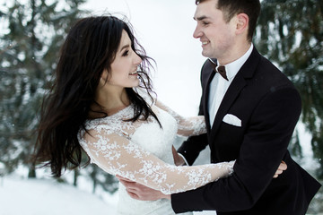 Wall Mural - Wedding winter, bride and groom walking at winter wedding day