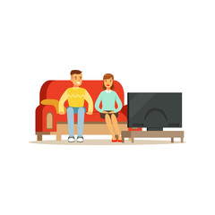 Sticker - Young man and woman watching tv, people sitting on a sofa in a living room in front of the television screen vector Illustration