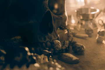 Skull / View of skull on old and dirty canvas under candlelight. Dark tone. Soft focus.