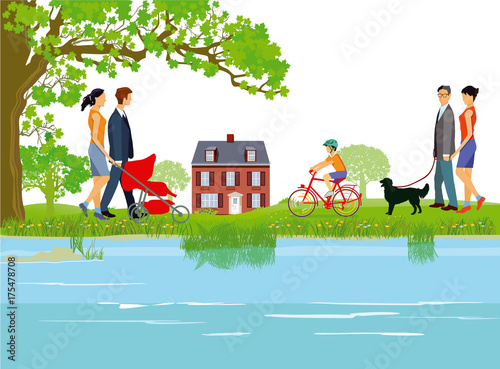 Familien gehen spazieren am See Buy this stock vector and explore