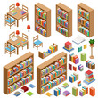 Set of isometric furniture for library, books