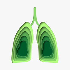 Wall Mural - Green lungs in paper craft style. 3d abstract paper cut illustration. Vector template in carving art style.