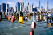 Love locks. New York City skyline in the background