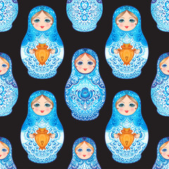 Wall Mural - Babushka (matryoshka) seamless pattern. Traditional Russian wooden nesting doll with painted flowers. Folk arts and crafts. Vector illustration in cartoon style. Souvenir from Russia