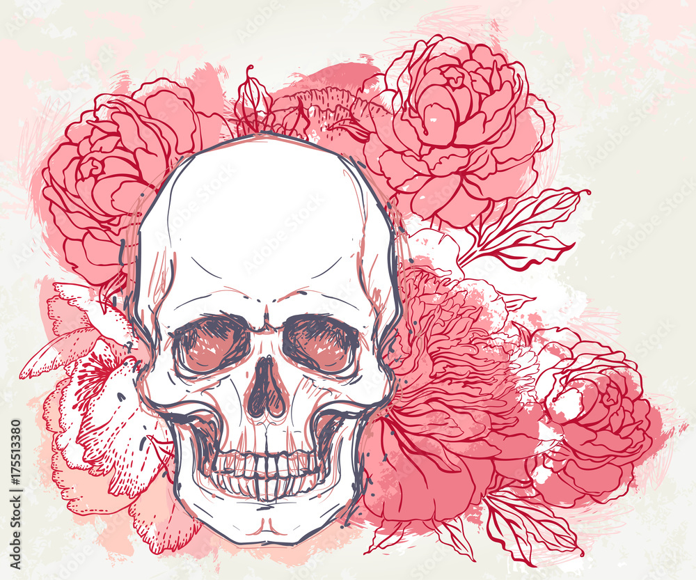 Wall Murals Human Skull With Peony Rose And Poppy Flowers On Watercolor Background Tattoo Design Element Vector Illustration Nikkel Art