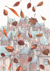 Wall Mural - A watercolor illustration of falling leaves in an old town. The town stands on a hill with European brick houses, tile roofs and wooden doors.