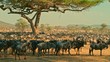 Smooth, sweeping cinematic camera shot of zebra and wildebeest migration on a bright, hot, sunny day in picturesque, colorful, dry savanna plains of  Serengeti national park in Tanzania, Africa.