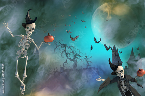 Plakat 3D ilustracja Halloweenowy szkielet jest ubranym czarownicy kapelusz