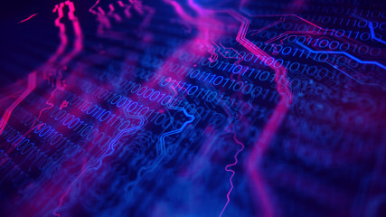 Poster - Technology background. Circuit board futuristic server code processing. PCB, Code, HTML. Blue, purple, violet background with digital integrated network technology. Printed circuit board.