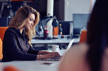 Portrait of smiling pretty young business woman sitting on workplace