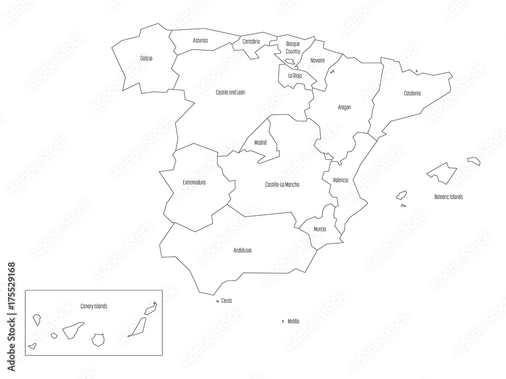 Map of Spain devided to 17 administrative autonomous communities ...