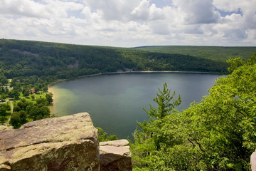 Beautiful nature background.Summer landscape at Devils Lake State Park, Baraboo area, Wisconsin, Midwest USA. Areal view on South shore beach from rocky ice age hiking trail. Nature background. 