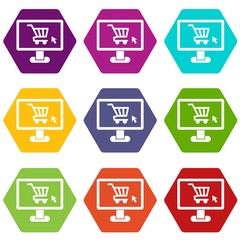 Computer monitor with shopping cart icon set color hexahedron