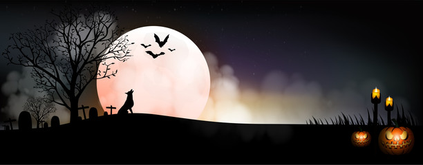 Halloween pumpkins, gravestone, bat, candle and wolf on full Moon background, vector and illustration.